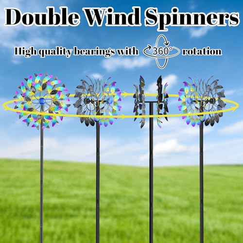 Metal Outdoor Wind Spinner, 2-Way Wind Sculpture Spinner with Metal Stake, Waterproof 360 Degrees Kinetic Windmill Art Decoration for Patio Garden Lawn (A- Colorful) - color: A- Colorful