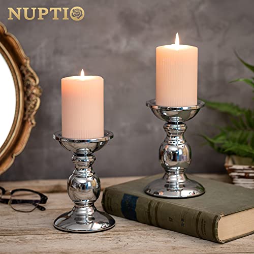 Nuptio Silver Pillar Candle Holders, Wedding Centerpieces Metal Candle Holder for 3inches Candles Stand Decoration Ideal for Weddings Special Events Parties Living Room, 2 Pcs - color: Silver, size: S + S