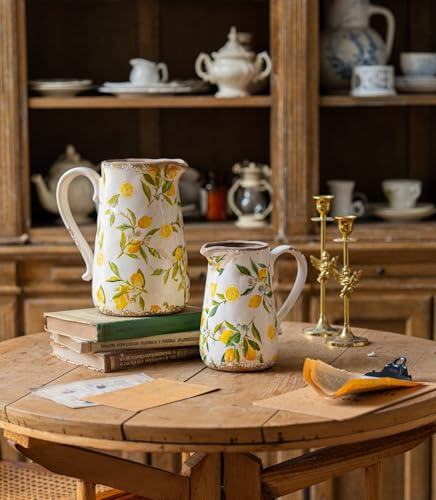 Vintage Lemon Ceramic Vase with Handle, Retro Ice Glazed Crack Farmhouse Pitcher Vase for Home Decor, Living Room, Shelf, Office, Rustic Table Centerpiece 9 Inch - color: Lemon, size: Large Pitcher