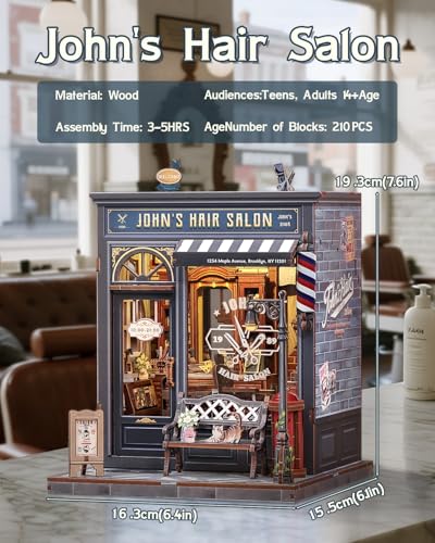 Book Nook Kit - DIY Adult Miniature Dollhouse, Hair Salon Themed, 3D Wooden Puzzle Bookend, Bookshelf Decor Gift for Family and Friends (John's Hair Salon) - style: John's Hair Salon