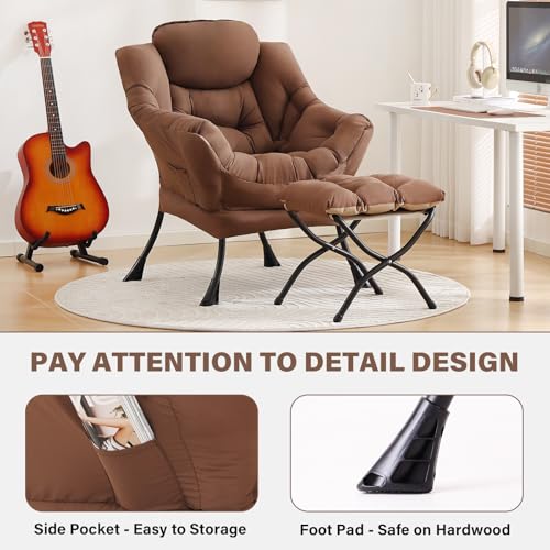Tiita Lazy Chair with Ottoman, Brown Modern Large Accent Chair, Comfy Leisure Sofa Armchair with Ottoman, Reading Chair with Footrest for Bedroom, Living Room, Dorm Rooms, Brown - color: Peach Skin Brown