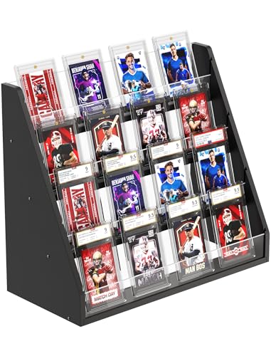 NiHome Pine Wood and Acrylic Trading Card Display Stand, 4-Tier Stepped Holder Compatible with PSA CGC BGS Graded Slabs or 35PT Cards, Stackable Tool-Free Card Organizer for Desk and Shelf