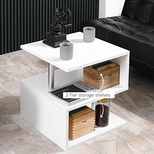 HOMCOM 20" Modern End Table, Accent Side Table, S-Shaped Coffee Table with Storage Shelf and Steel Poles, White - color: White