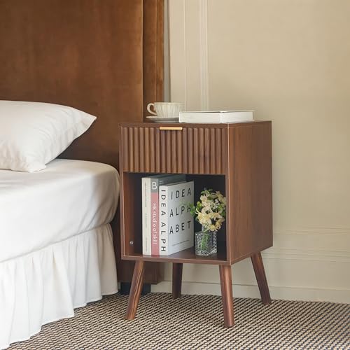 Fultyle Walnut Nightstand, Modern Night Stand with Fluted Drawer and Opening Storage, Wooden Bedside Table with Solid Wood Legs for Bedroom, Living Room, Office (Walnut Brown) - color: Walnut Brown