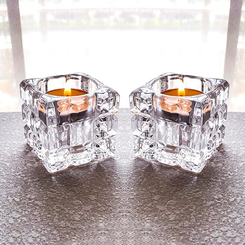 Crystal Ice Tea Light Candle Holders, Set of 2, Glass Candlestick Holders Tray for Bathtub, Bathroom, Livingroom