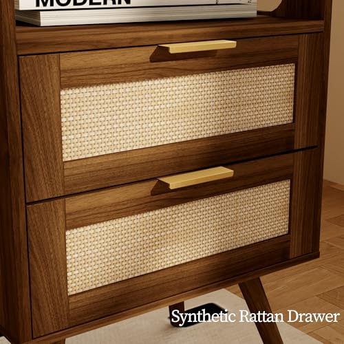 JOONEE Rattan Nightstand with Charging Station,Farmhouse Bedside Table with 2 Storage Drawer and Open Wood Shelf, for Bedroom and Small Spaces,Night Stand with Solid Wood Legs (Walnut Brown-Outlet) - color: Walnut Brown-outlet