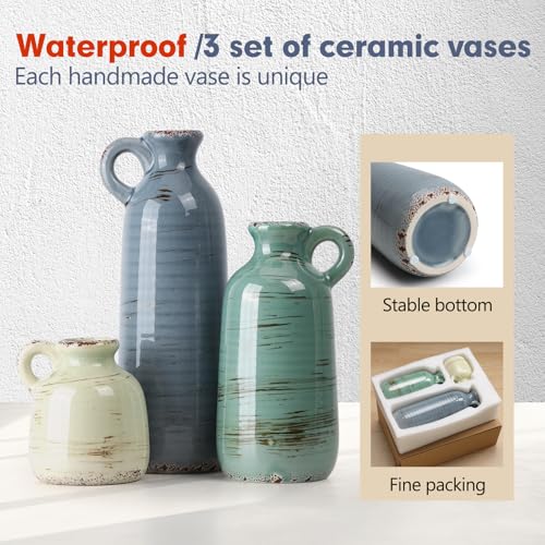 Ceramic Vase Set of 3, Vase with Handle, Modern Farmhouse Vases for Pampas Grass & Dried Flowers, Flower Vase for Table Living Room Home Decor-Multicolor - color: 3pcs-multicolor With Handle