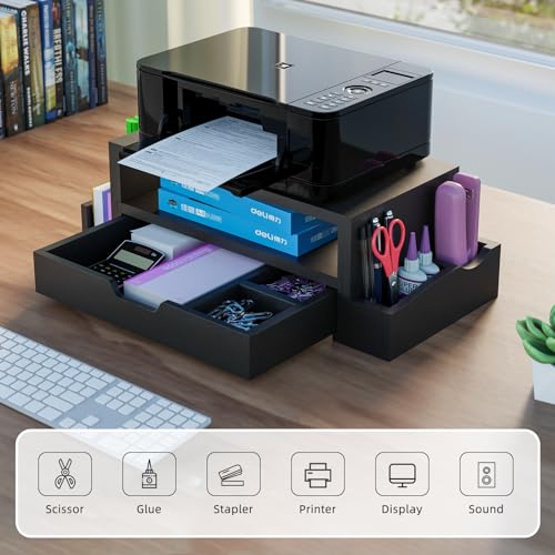 Simple Trending Monitor Stand Riser and Computer Wood Desk Organizer with Drawer and Pen Holder for Laptop, Computer, iMac, Black