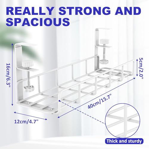 Under Desk Cable Management Tray, 31.5'' No Drill Heavy Duty Steel Cable Tray Organizers, Wire Management Tray Cable Rack with Clamp Mount, Adjustable Metal Under Desk Tray (White, 2 Pack) - color: White, size: 2 Pack