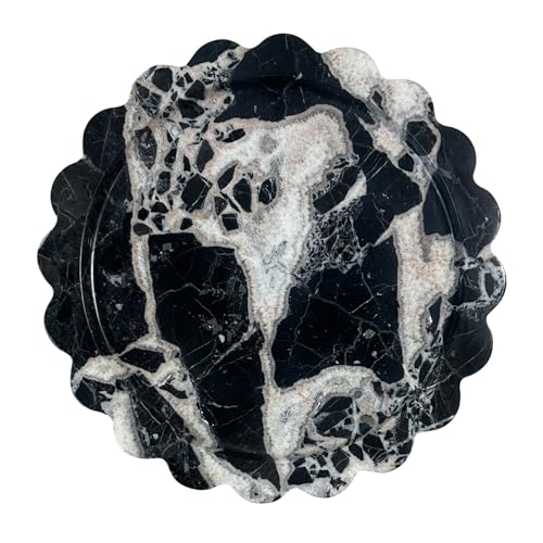 11" Round Marble Tray with Scalloped Edge, Black Marble Decorative Tray for Coffee Table (Black and White) - color: Black