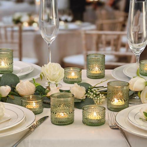 NITIME Green Votive Candle Holders Set of 24, Assorted Heights Polka Dot Tealight Candle Holders for Table Centerpiece, Green Glass Candle Holder Decor for Wedding, Party & Home Decor - color: Green