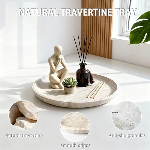 Vanity Tray for Bathroom, Dresser, Counter, Home Decor 10.24” D x 1.18”H Travertine Round Decorative Tray for Candles, Perfumes, Jewelry, Plants Natural Stone Organiser Dish Beige (NS053) - color: Beige Travertine