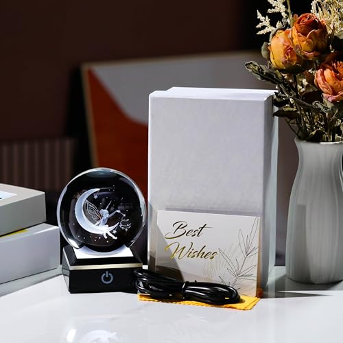 Qianwei Moon Fairy 3D Crystal Ball Laser Engraved Fairy Glass Ball Fairy Night Light Decorative Globes 3D Crystal Moon Sphere Fairy Gifts for Girl Her Fairy Lover - style: Fairy Moon
