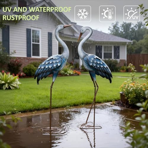 Kircust Outdoor Blue Heron Statues Metal Garden Crane Sculptures, Bird Yard Art Large 47-48 Inch, Set of 2, for Pond & Lawn Garden Decor, Gifts for Women, Men, Friends - color: Blue