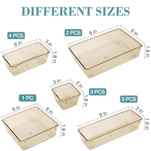 StorMiracle 13 PCS Drawer Organizer Set, 5 Varied Size Bathroom and kitchen Drawer cabinet organizer Trays, Clear Storage Bins for Makeup, Jewelry, Utensils and Gadgets, Champagne - color: Champagne, size: 13 PCS