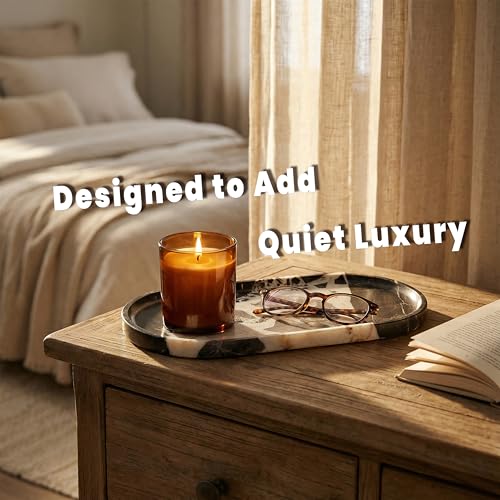 11.8 x 5.9 Inch Oval Black and White Natural Marble Tray for Bathroom Vanity, Solid Stone Perfume Organizer and Decorative Kitchen Countertop Trays