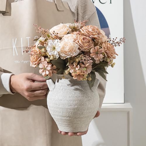 Enra White Ceramic Vase 7.36 Inch,Pottery Decorative Vase for Home Décor, Farmhouse Rustic Vase for Dining Table, Living Room, Kitchen Shelf, Mantel, Bookshelf & Wedding Centerpiece, Dried Flower - color: Rustic-25011-3