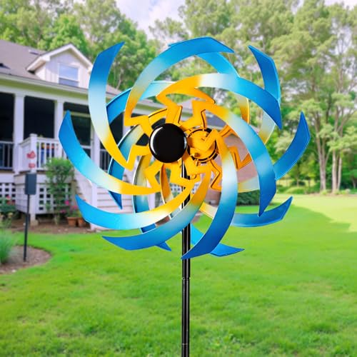 Wind Spinners Outdoor Garden Decor, 360°Metal Kinetic Wind Sculpture Spinner, 16W*76H inch Windmill for Yard, Patio, Backyard, Garden Gifts for Women - color: Blue