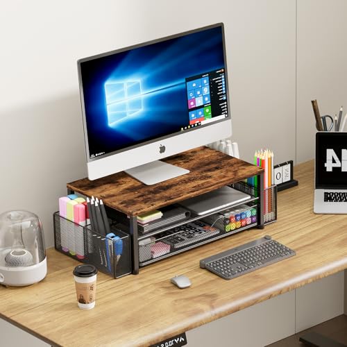 OPNICE Wood Desk Organizers and Accessories, 2-Tier Computer Monitor Stand Riser with Drawer and 2 Pen Holders, Laptop Stand, Office Desk Accessories for Office Supplies, Brown - color: Brown 1-Pack