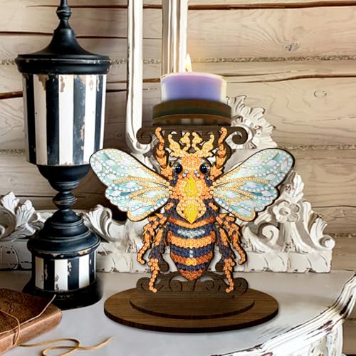 BAYUNOE DIY Candlestick Holders Wooden Desktop Diamond Art Painting Candle Holder Double-Sided Diamond Vintage Modern Decorative for Table Mantel Wedding Dinning Party-Bee - color: Bee