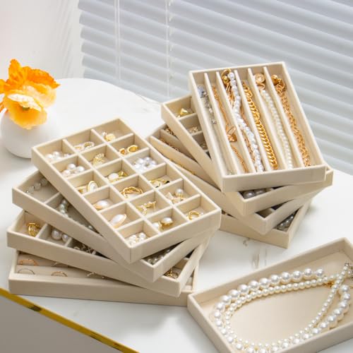 SPAKOWN Jewelry Drawer Organizer Inserts Set of 9, Jewelry Trays for Drawers Velvet Jewelry Organizer Tray Drawer Jewelry Organizers and Storage for Earring Ring Necklace Watch Bracelet (Beige) - color: Beige