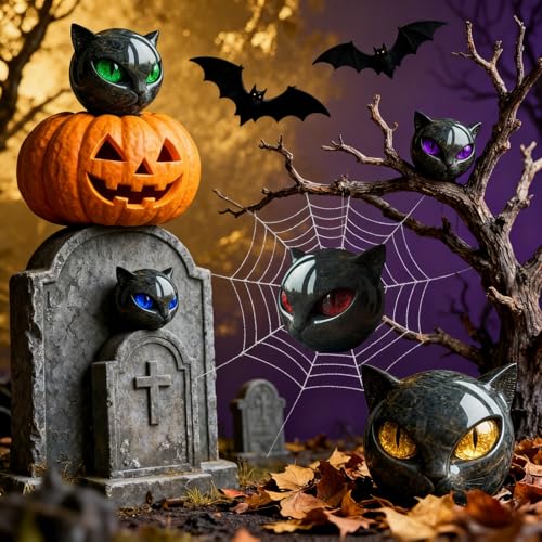 Black Cat Stone Sculpture Figurine Handcrafted Marble-Look Resin Statue with Amber Eyes, Elegant Home & Office Shelf Décor, Halloween Cat Figurine Gift for Animal Lovers (Red) - color: Red