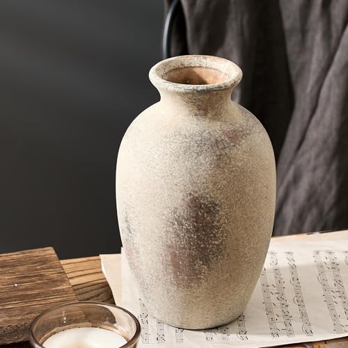 PORCER Ceramic Rustic Flower Vase, 8.27 Inch Vintage Pottery Home Decor, Antique Farmhouse Terracotta Vase for Living Room, Table, Shelf, Mantel Decoration, Farmhouse - Natural Brown - color: Natural Brown- 8.27"