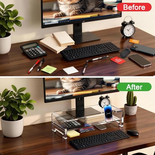 Acrylic Monitor Stand Riser Acrylic Laptop Stand Clear Computer Stand Laptop Riser with Storage Desk Organizer Accessories for Home and Office - style: 16''-2Tier