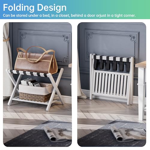 SMIBUY Luggage Rack, Foldable Bamboo Suitcase Stand with Storage Shelf for Guest Room, Bedroom, Hotel, Heavy-Duty, 1 Pack (White) - color: White