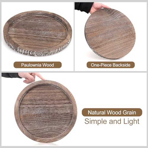 Round Decorative Wood Trays for Coffee Table Counter Farmhouse Kitchen Home Decor Centerpiece Small Wooden Candle Holder Tray Circular Serving Platter Circle Rustic Dining Table Bathroom Perfume Tray - color: Washedwhite, size: 11"