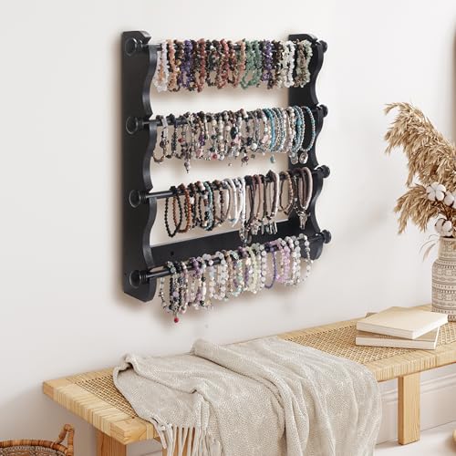 4-Tier Wooden Bracelet Holder Wall-Mounted – Black Jewelry Display Stand for Bracelets, Bangles, Watches– Rustic Wall Jewelry Organizer for Home, Store, or Craft Show – Bracelet Display Rack - style: Wall-Mounted–Black