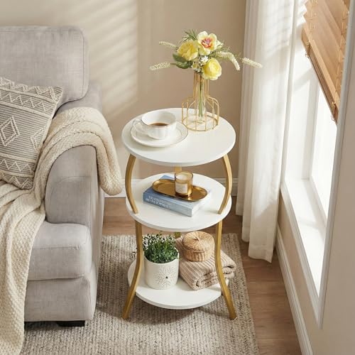Vintage Small Round Side Table, 3-Tier Slim Waist Circular End Table with Storage Shelf, Compact Tea Sofa Table, Round Corner Coffee Table Nightstand for Living Room Bedroom Small Spaces,White+ Gold - color: White+gold, style: Classic