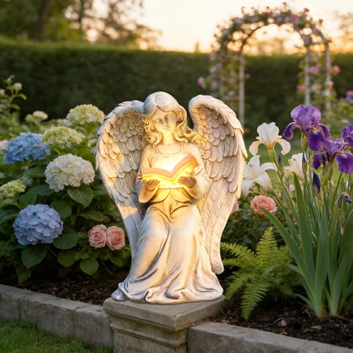 Angel Statue Outdoor Decor, Elegant Angel Garden Statues Reading Book with Solar LED Lights Yard Decorations Lawn Ornaments Figurines Resin Sculpture for Outside, Angel Gardening Gifts - style: Ancient Book