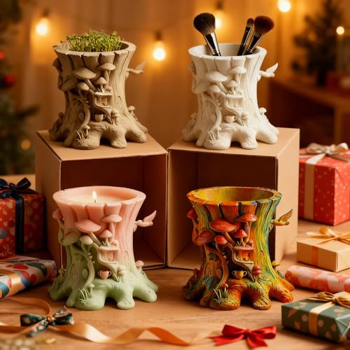1 Pc Exquisite Mushroom Tree Stump Resin Silicone Mold Plant Flower Pot Epoxy Clay Silicone Mold for DIY Candles Pen Holders Storage Boxes Home Decoration Candle Holder Vases Plaster Trays - color: Tree Resin Mold