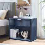LEYAOYAO 31" Wide Fluted Nightstand with Charging Station, Oversized Extra Large 1 Drawer Night Stand with Golden Handle, Blue Wood Bedside Table Tall End Tables,for Bedroom, Living Room, Hallway - color: Blue, size: 1 Drawers