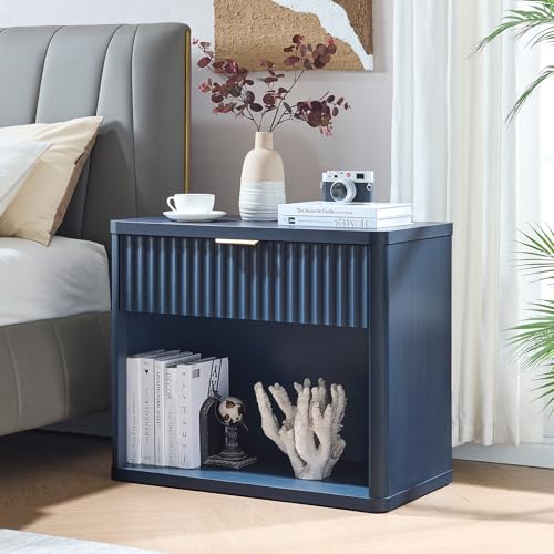 LEYAOYAO 31" Wide Fluted Nightstand with Charging Station, Oversized Extra Large 1 Drawer Night Stand with Golden Handle, Blue Wood Bedside Table Tall End Tables,for Bedroom, Living Room, Hallway - color: Blue, size: 1 Drawers
