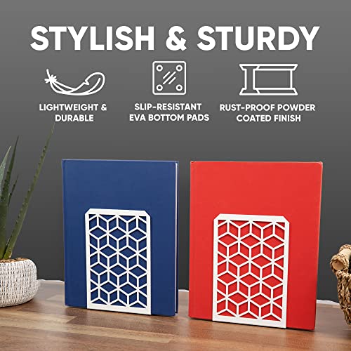 Geomod 3D Cube White Metal Bookends Decorative for Heavy Books - Sturdy Boho Book Stops - Minimal Book Shelf Stopper - Durable Office Bookends - Weighted Metal Book Holders - 7x4.75 Inches - 2 Pair - color: White, size: 2 Pairs, style: 3D Cube