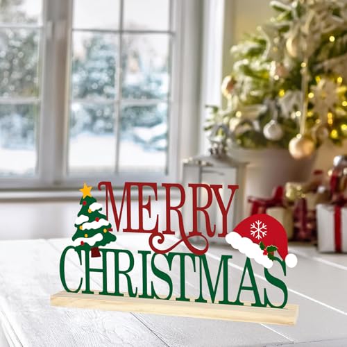 COCHIE Metal Merry Christmas Sign, Christmas Tree Table Centerpieces Decorations for Home, Office, Shelf, Mantel, Indoor, Xmas Red and Green Party Decor Supplies (XMAS A) - style: XMAS A