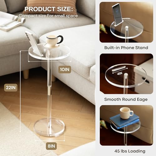 Acrylic Drink Table, Small Round Side Table for Small Space, Pedestal End Tables with Phone Holder, Multi-Use Modern Accent Tables, Martini/Cocktail Table for Living Room 10"X21" Easy Assembly - size: 10 Inches