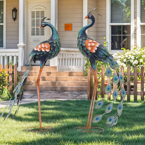 36" Oversized Peacock Decor Set of 2, Hand-Painted Metal Yard Art, Weatherproof Outdoor Garden Statues & Sculptures for Lawn, Flower Beds, Patio, Backyard or Indoor Kitchen & Home Decor - color: 36" -Retro Blue Peacock