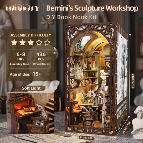 MiniCity Book Nook Kit, DIY Miniature Dollhouse Kit 3D Puzzles for Adults Tiny House Mini Home Craft Bookshelf Nook Puzzle Book Decor Gifts for Teenagers Book Lovers (Bernini's Workshop) - style: Bernini's Workshop