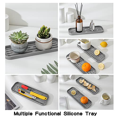 MicoYang Silicone Kitchen Sink Organizer Tray for Multiple Usage,Eco-Friendly Sponges Holder for Kitchen Bathroom Counter or Sink,Dish Soap Dispenser,Scrubber,Bottle,Cup (Grey, 12"×4") - color: Gray, size: 12" x 4" x 0.7"