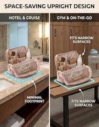 Large Standing Makeup Bag, Sturdy PU Leather Cosmetic Organizer with Fold-Down Phone Tray, Waterproof Travel Toiletry Case with Wipeable TPU Brush Holder, 9.5 Inch, Pink - color: Pink