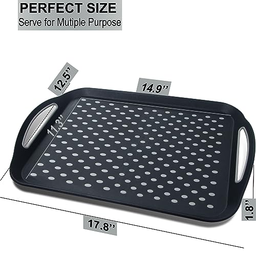 Large Nonslip Serving Tray with Handles, Silicone Grippy Dots Lap Food Trays for Eating, Dishwasher Safe Serve for Breakfast Dinner Snack Fruit Appetizers Beverage, Rectangular, Set of 2, Black - color: Black