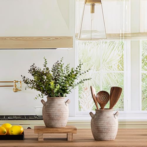Vanselia Ceramic Flower Vase Home Decor - Farmhouse Table Vases with Handle Living Room Decoration Vintage Decorative Aesthetic for Shelf Coffee Dining Desk House Bookshelf Fireplace (7.1" Retro) - color: 7.1" Retro
