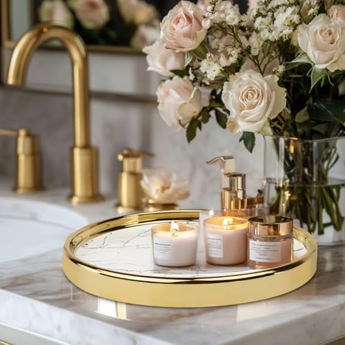 Round Marble Decorative Tray, Multi-Functional Storage Organizer for Vanity, Coffee Table, Jewelry, Perfumes and Home Decor, Luxury Accent Tray - color: White, size: 8.6"