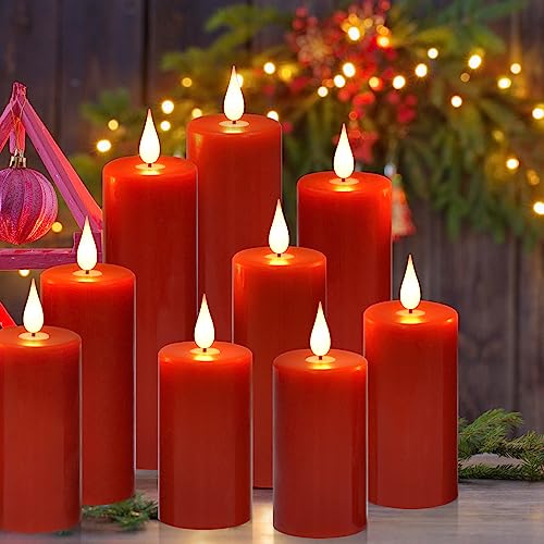 Flameless Flickering Battery Operated Candles 9PACK Real Wax Pillar LED Candles with 10-Key Remote Control and 24 Hours Timer for Wedding, Party, Home Decoration (Red) - color: H03# Red 9pack Real wax