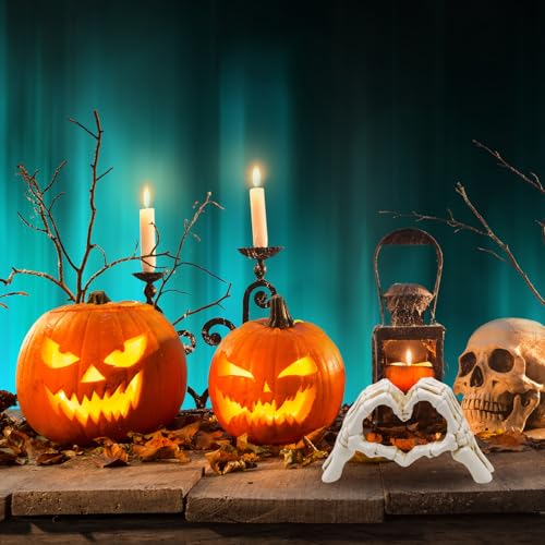 Halloween Heart Hands Sculpture, White Skeleton Hands Love Ornaments Heart Finger Sign for Shelf Decor Home Desktop Ornament - style: Modern