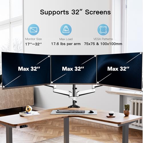HUANUO Triple Monitor Stand - Full Motion Articulating Monitor Mount Fit Three 17 to 32 inch LCD Computer Screens with Clamp, Grommet Kit - color: White