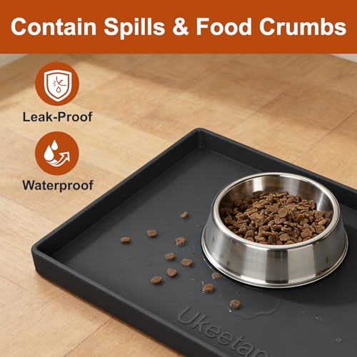 ukeetap Extra Thick Silicone Mat Waterproof with Raised Edge 19” x 12”, BPA Free Non-Slip Dog & Cat Food Mat, Feeding Mat for Food and Water Bowls, Spill Proof Mat to Protect Floors, Black - color: Black, size: 19" x 12"